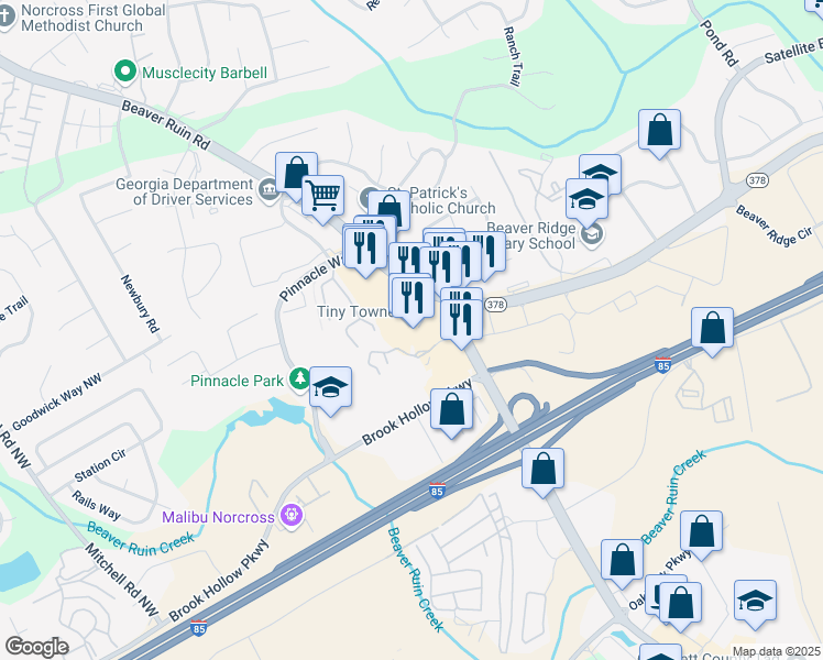 map of restaurants, bars, coffee shops, grocery stores, and more near 2055 Beaver Ruin Road in Norcross