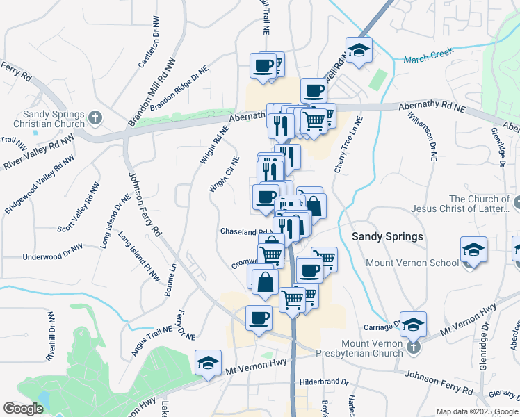 map of restaurants, bars, coffee shops, grocery stores, and more near 6450 Roswell Road in Sandy Springs
