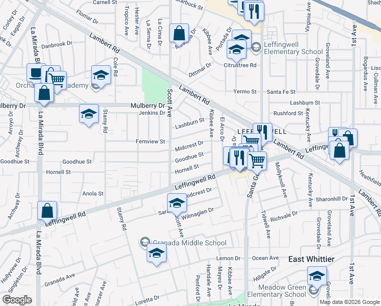 map of restaurants, bars, coffee shops, grocery stores, and more near 15503 Goodhue Street in Whittier