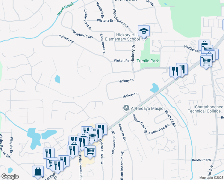map of restaurants, bars, coffee shops, grocery stores, and more near 841 Hickory Drive in Marietta
