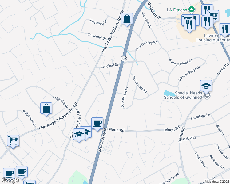 map of restaurants, bars, coffee shops, grocery stores, and more near 495 Georgia 124 in Lawrenceville
