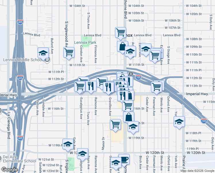 map of restaurants, bars, coffee shops, grocery stores, and more near 11318 Grevillea Avenue in Inglewood
