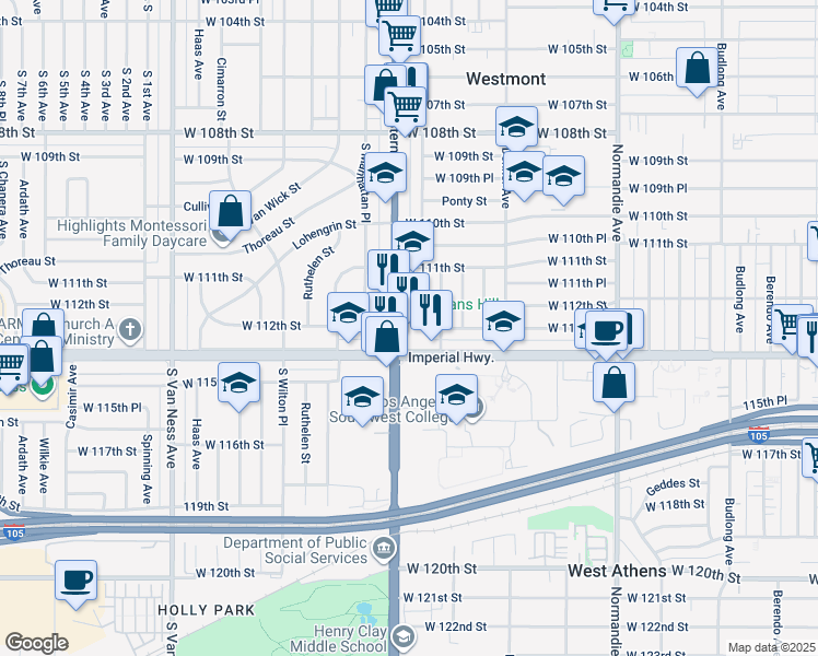 map of restaurants, bars, coffee shops, grocery stores, and more near 11224 South Western Avenue in Los Angeles