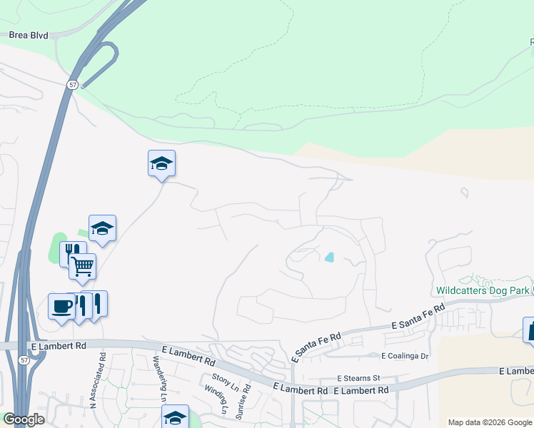 map of restaurants, bars, coffee shops, grocery stores, and more near 2498 Santa Paula Drive in Brea
