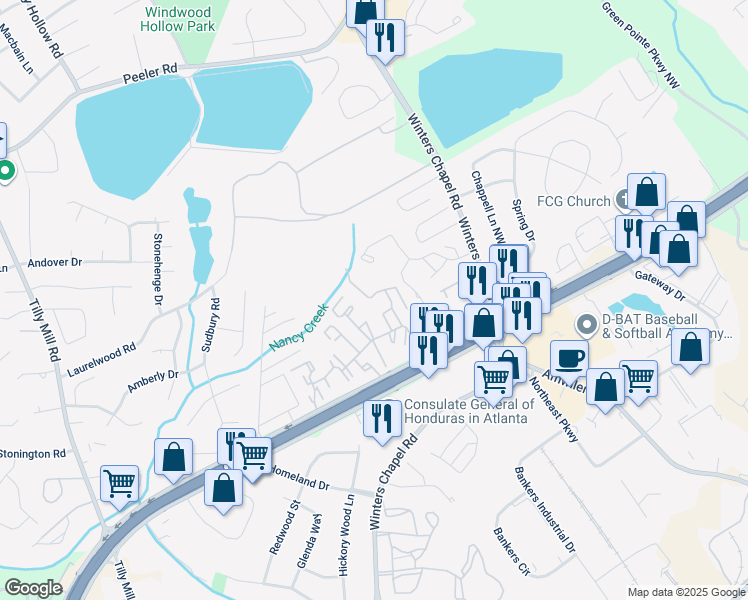 map of restaurants, bars, coffee shops, grocery stores, and more near 6755 Peachtree Industrial Boulevard in Dunwoody