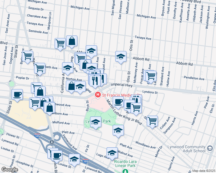 map of restaurants, bars, coffee shops, grocery stores, and more near 3660 East Imperial Highway in Lynwood