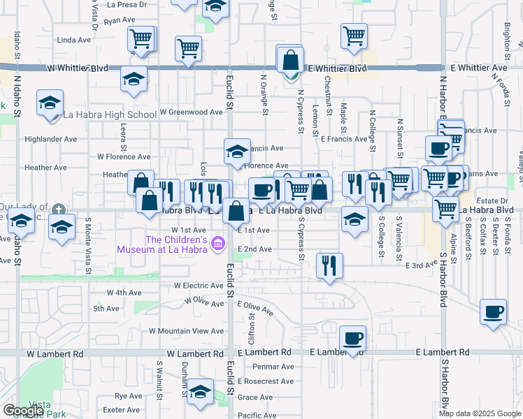 map of restaurants, bars, coffee shops, grocery stores, and more near 215 East La Habra Boulevard in La Habra