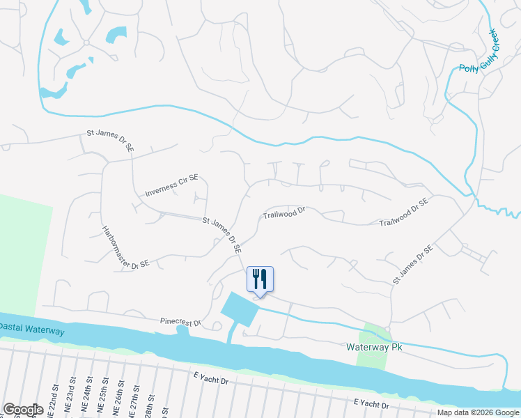 map of restaurants, bars, coffee shops, grocery stores, and more near 2828 Trailwood Drive Southeast in Southport