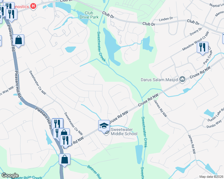 map of restaurants, bars, coffee shops, grocery stores, and more near 1268 Vintage Pointe Drive in Lawrenceville