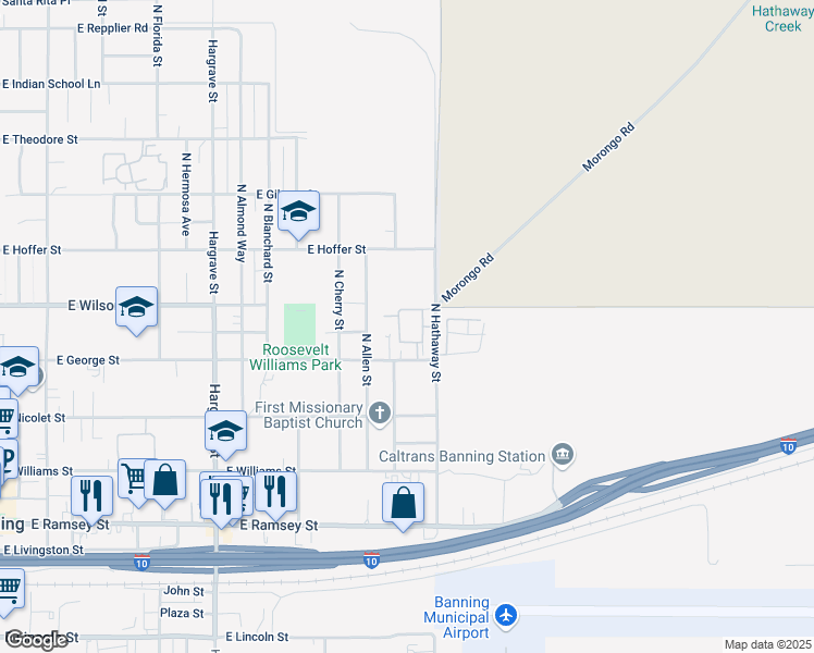 map of restaurants, bars, coffee shops, grocery stores, and more near 555 North Hathaway Street in Banning