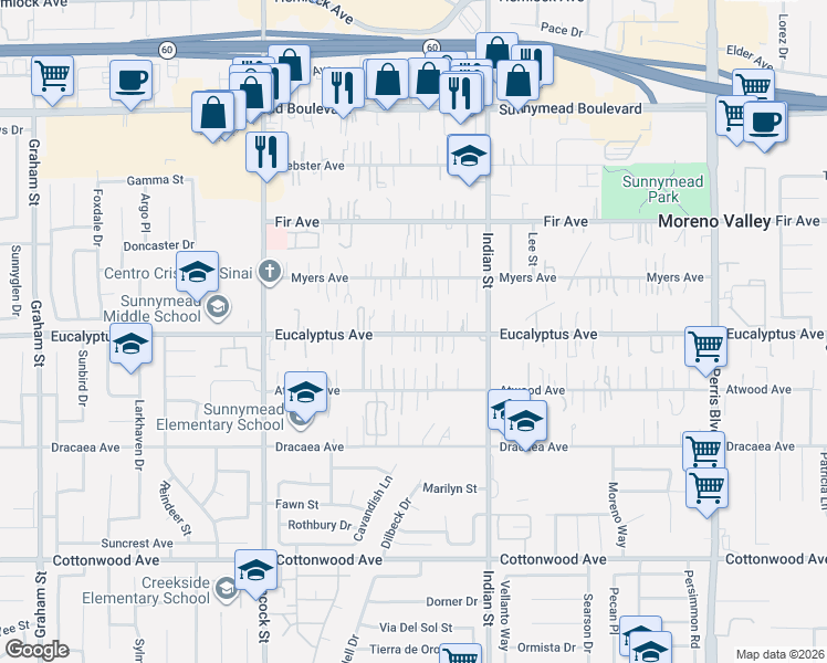 map of restaurants, bars, coffee shops, grocery stores, and more near 24295 Eucalyptus Avenue in Moreno Valley