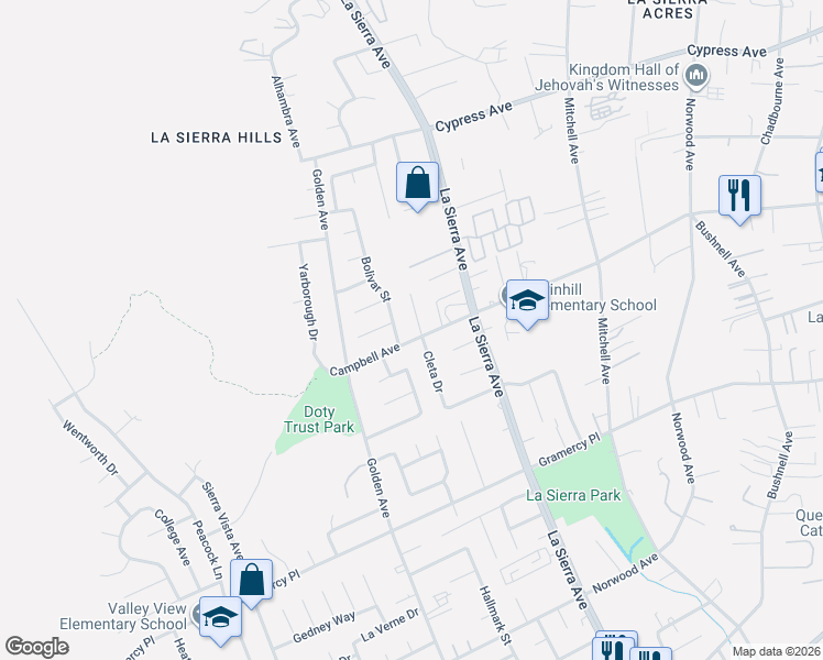 map of restaurants, bars, coffee shops, grocery stores, and more near 5601 Bolivar Street in Riverside