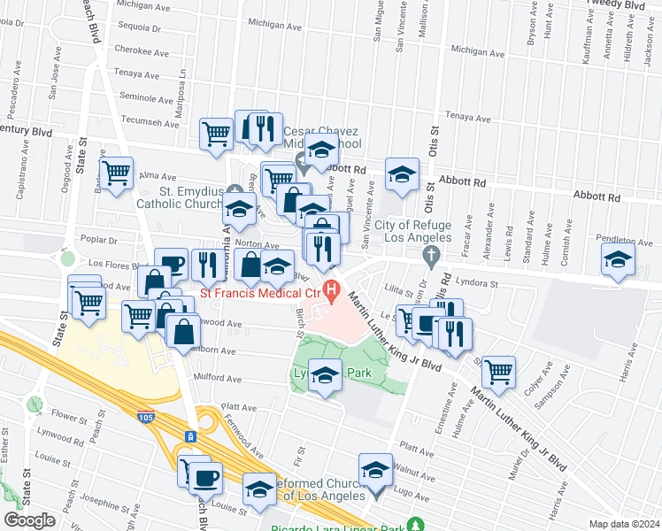 map of restaurants, bars, coffee shops, grocery stores, and more near in Lynwood