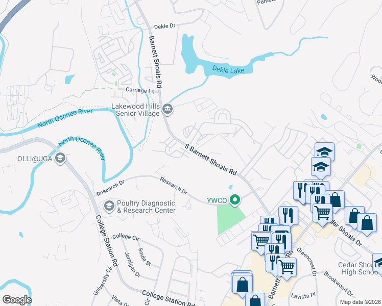 map of restaurants, bars, coffee shops, grocery stores, and more near 1144 South Barnett Shoals Road in Athens