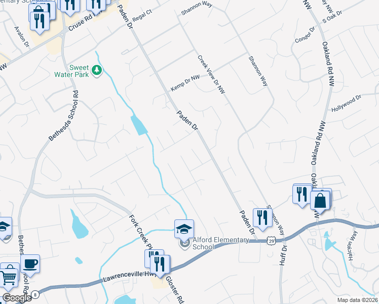 map of restaurants, bars, coffee shops, grocery stores, and more near 530 Roys Court in Lawrenceville