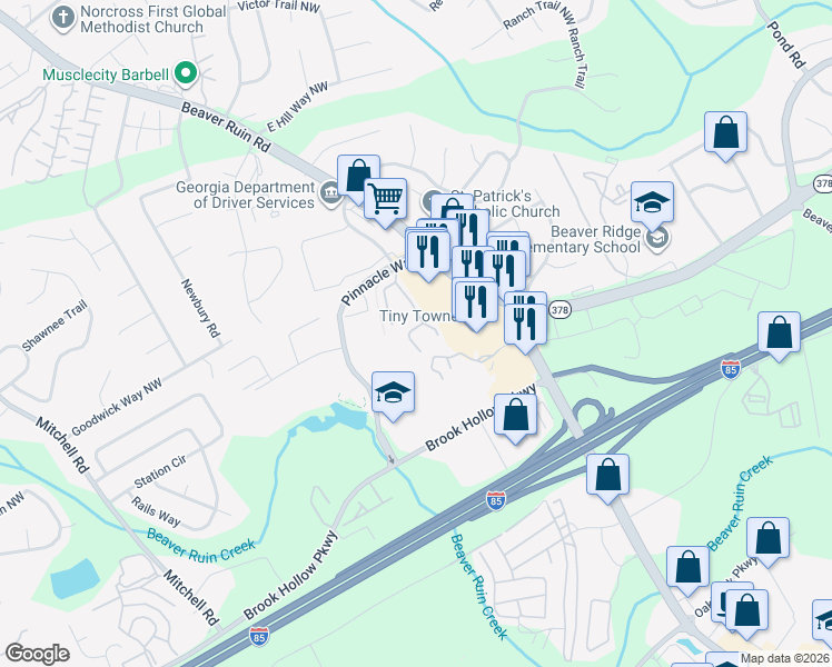 map of restaurants, bars, coffee shops, grocery stores, and more near 5323 Pinnacle Peak Lane in Norcross