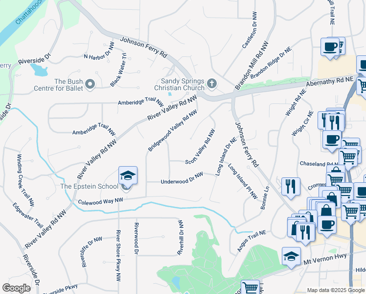 map of restaurants, bars, coffee shops, grocery stores, and more near 6480 Burdett Drive Northwest in Atlanta