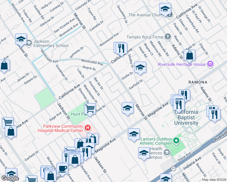 map of restaurants, bars, coffee shops, grocery stores, and more near 4043 Royce Street in Riverside