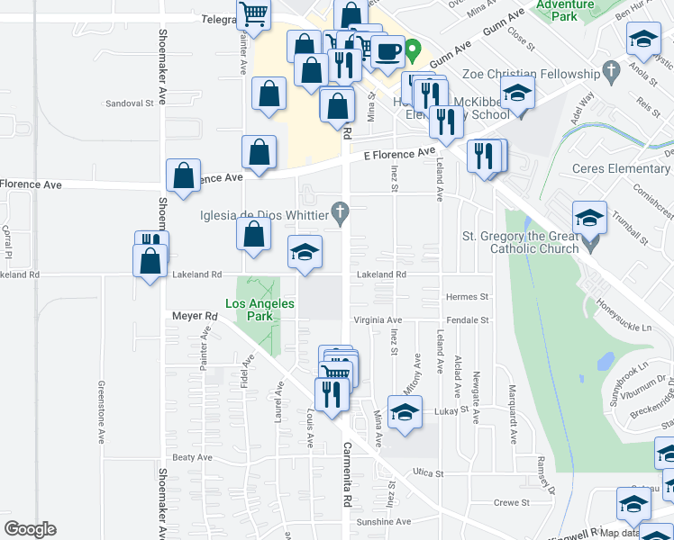 map of restaurants, bars, coffee shops, grocery stores, and more near 10947 Carmenita Road in Whittier