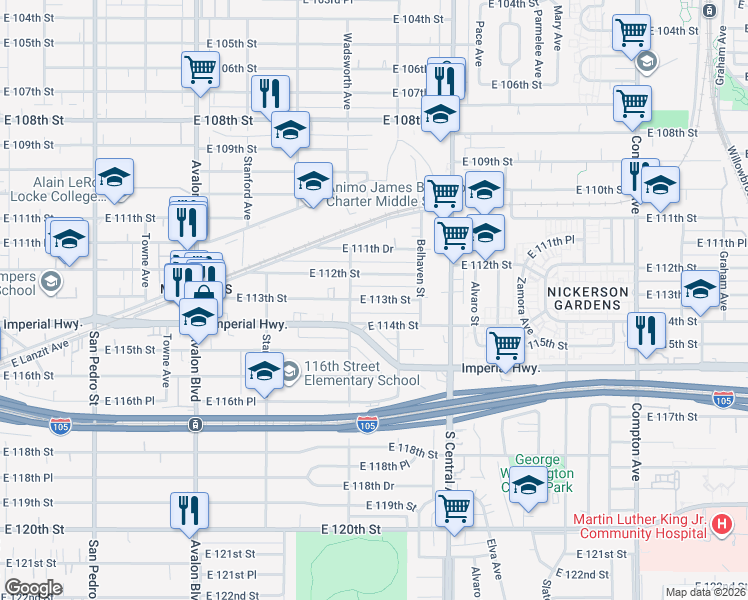 map of restaurants, bars, coffee shops, grocery stores, and more near 929 East 113th Street in Los Angeles