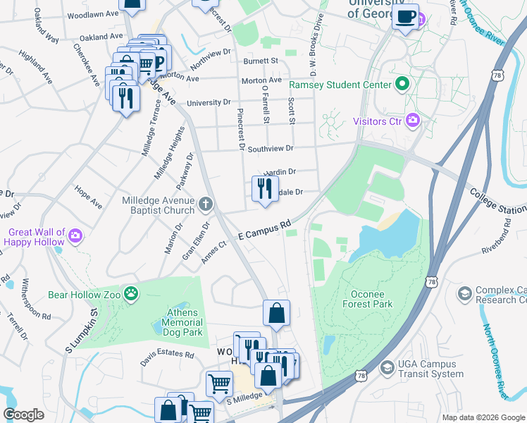 map of restaurants, bars, coffee shops, grocery stores, and more near 760 East Campus Road in Athens