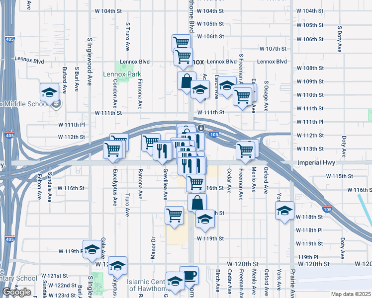 map of restaurants, bars, coffee shops, grocery stores, and more near 11317 Hawthorne Boulevard in Inglewood