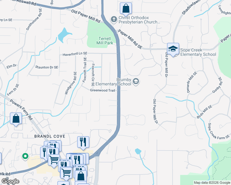 map of restaurants, bars, coffee shops, grocery stores, and more near 3142 Greenwood Trail Southeast in Marietta