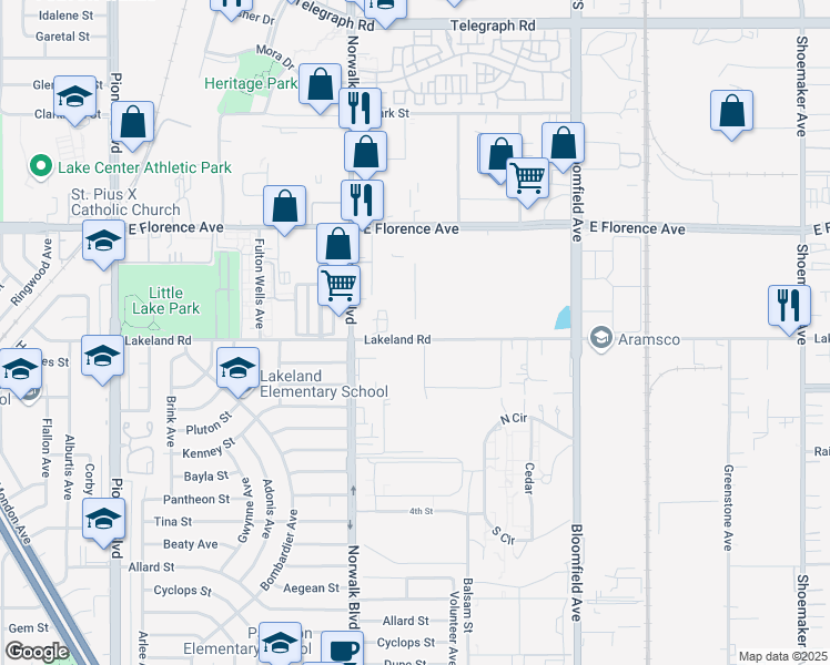 map of restaurants, bars, coffee shops, grocery stores, and more near 12319 Lakeland Road in Santa Fe Springs