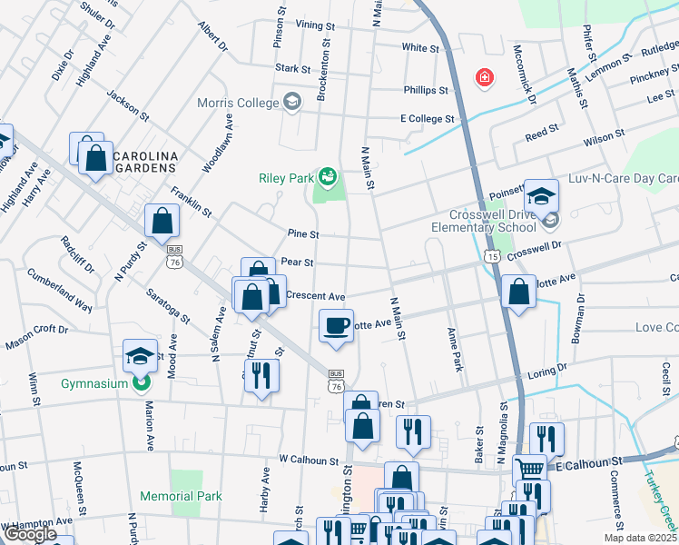 map of restaurants, bars, coffee shops, grocery stores, and more near 105 Brown Street in Sumter
