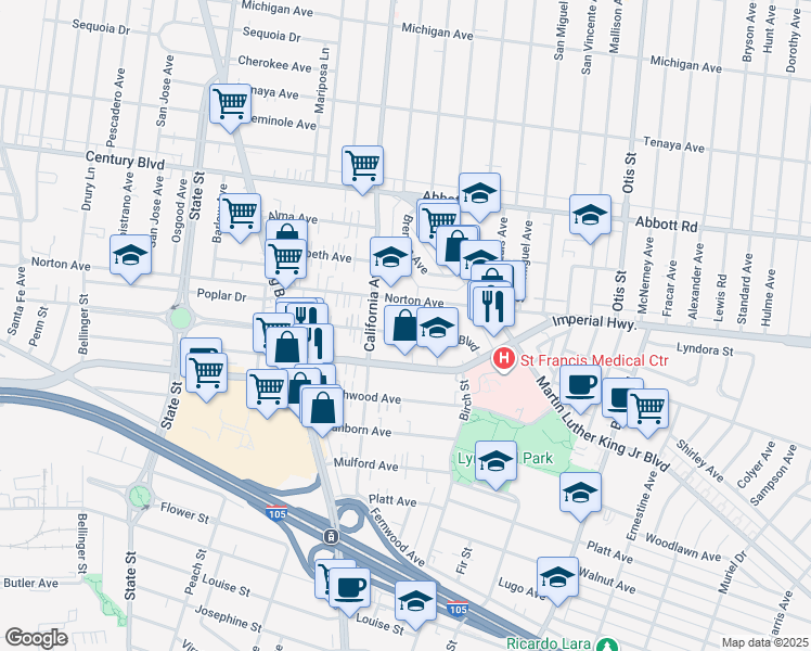 map of restaurants, bars, coffee shops, grocery stores, and more near 3534 Los Flores Boulevard in Lynwood