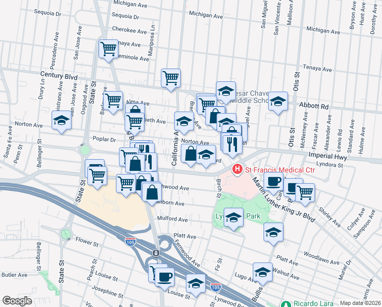 map of restaurants, bars, coffee shops, grocery stores, and more near 3535 Los Flores Boulevard in Lynwood