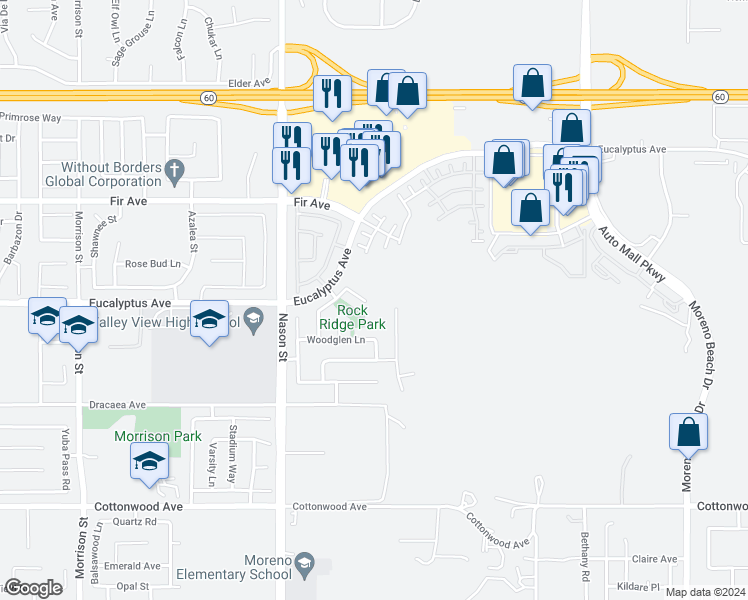 map of restaurants, bars, coffee shops, grocery stores, and more near 27222 Golden Field Court in Moreno Valley