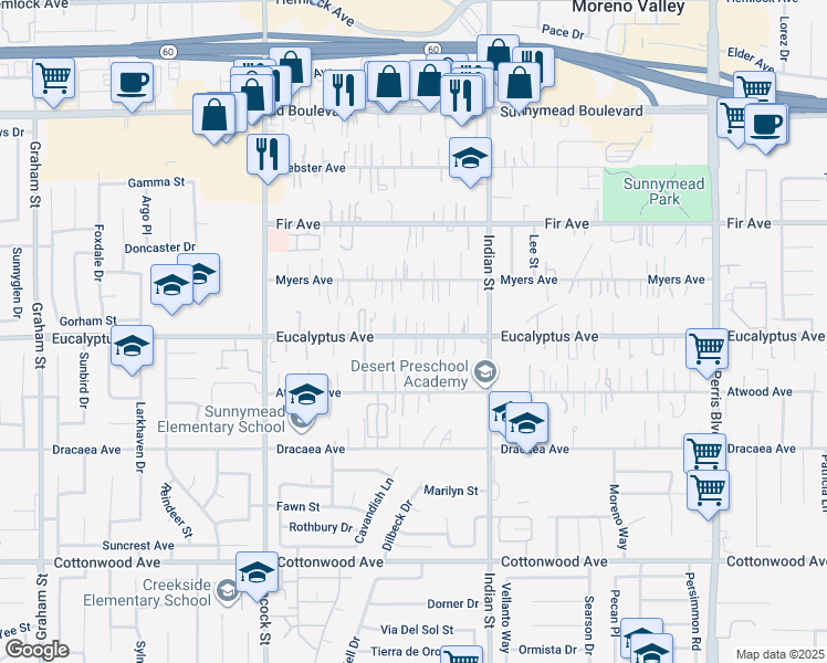map of restaurants, bars, coffee shops, grocery stores, and more near 24336 Eucalyptus Avenue in Moreno Valley