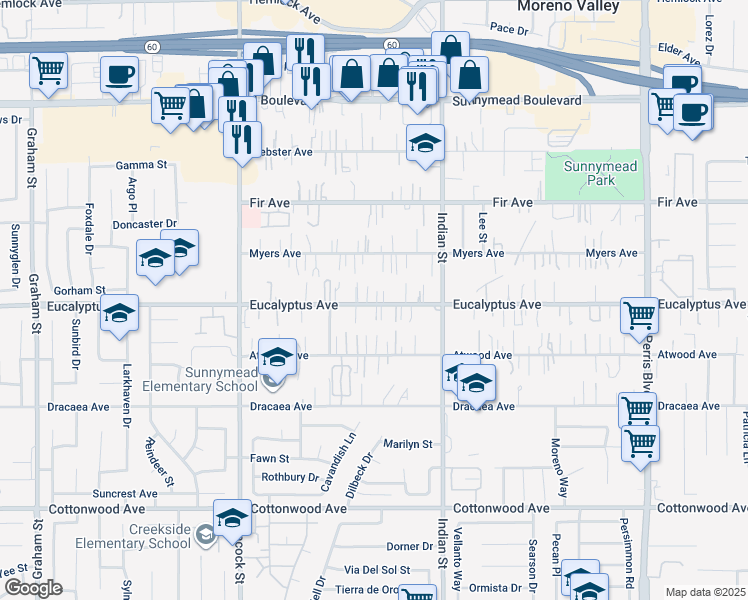 map of restaurants, bars, coffee shops, grocery stores, and more near 24336 Eucalyptus Avenue in Moreno Valley