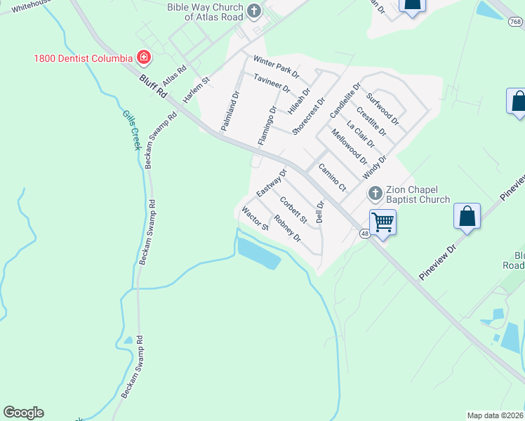 map of restaurants, bars, coffee shops, grocery stores, and more near 4539 Robney Drive in Columbia