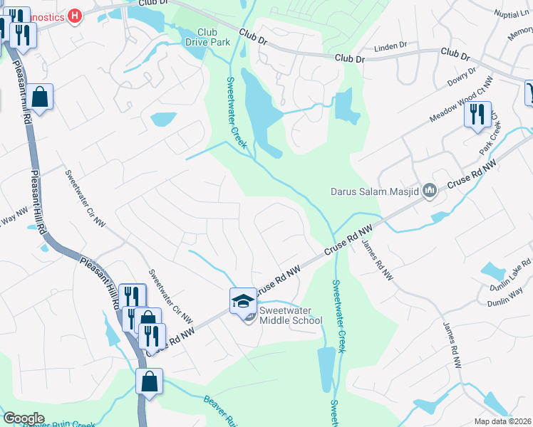 map of restaurants, bars, coffee shops, grocery stores, and more near 1252 Vintage Pointe Drive in Lawrenceville