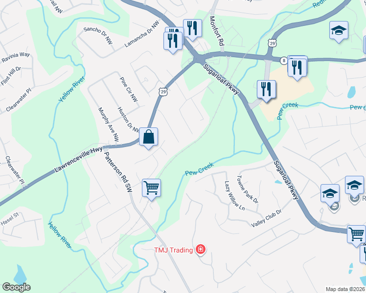 map of restaurants, bars, coffee shops, grocery stores, and more near 50 Davis Mill Court in Lawrenceville