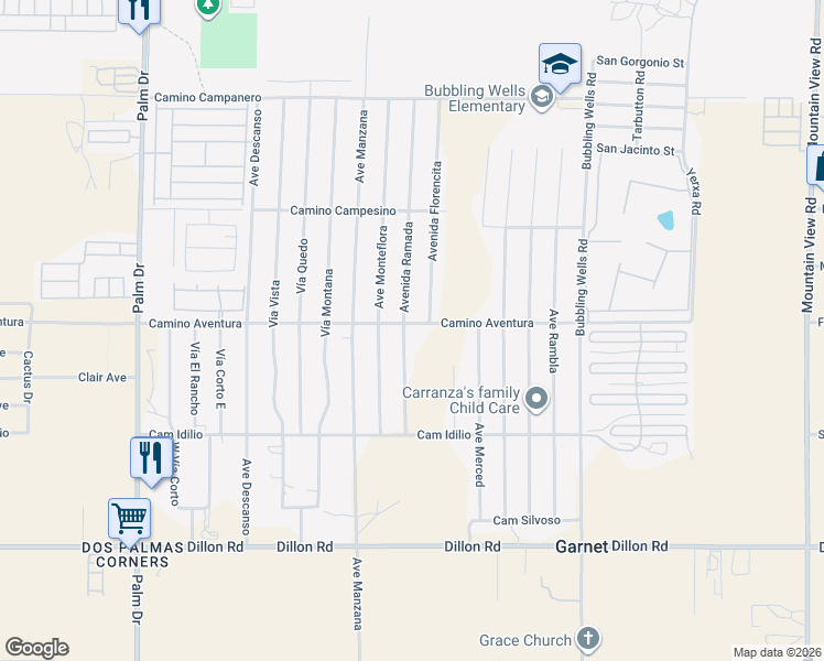 map of restaurants, bars, coffee shops, grocery stores, and more near 16110 Avenida Ramada in Desert Hot Springs