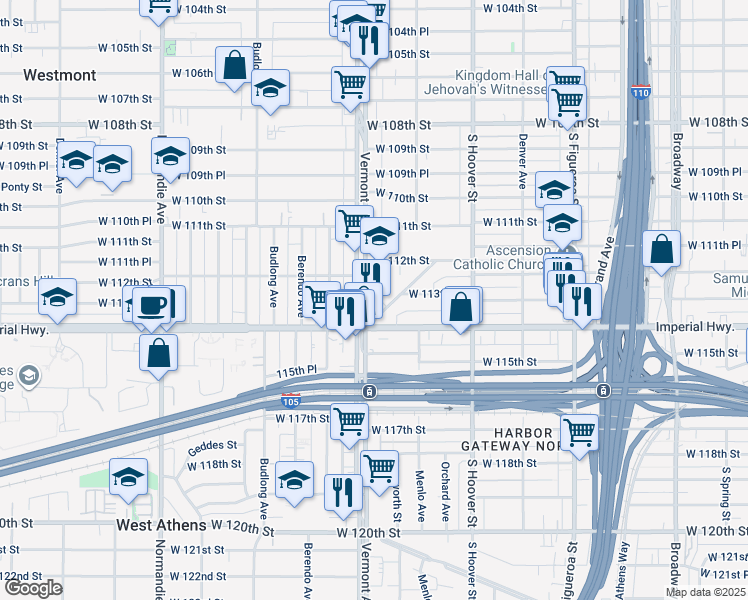 map of restaurants, bars, coffee shops, grocery stores, and more near 11316 South Vermont Avenue in Los Angeles