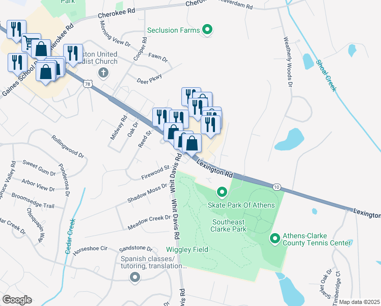 map of restaurants, bars, coffee shops, grocery stores, and more near 4401 Lexington Road in Athens