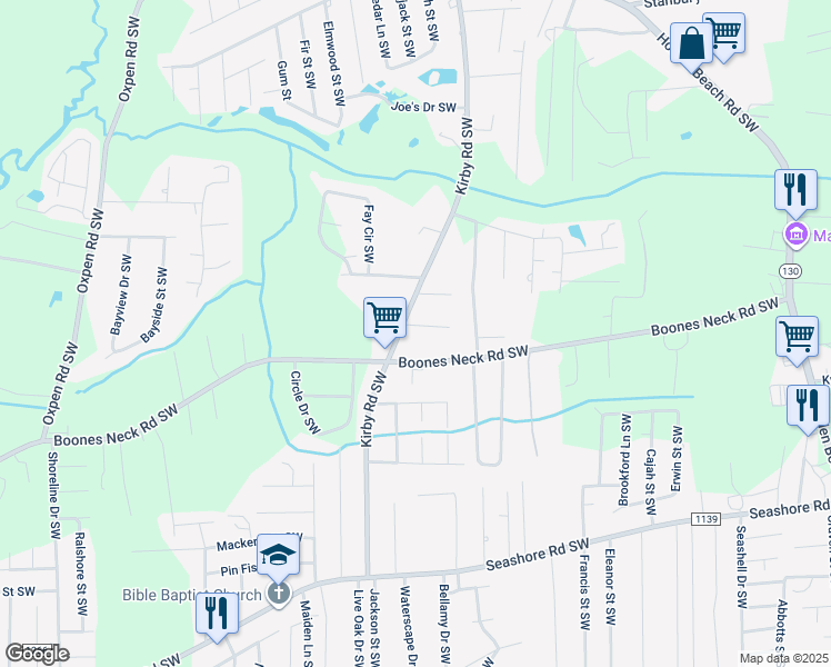 map of restaurants, bars, coffee shops, grocery stores, and more near 2141 Bailey Court Southwest in Brunswick County