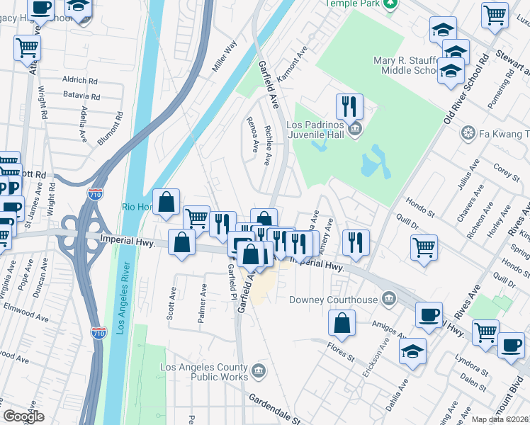 map of restaurants, bars, coffee shops, grocery stores, and more near 10647 Garfield Avenue in South Gate