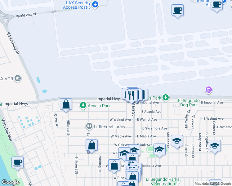 map of restaurants, bars, coffee shops, grocery stores, and more near 7171 West Imperial Highway in Los Angeles