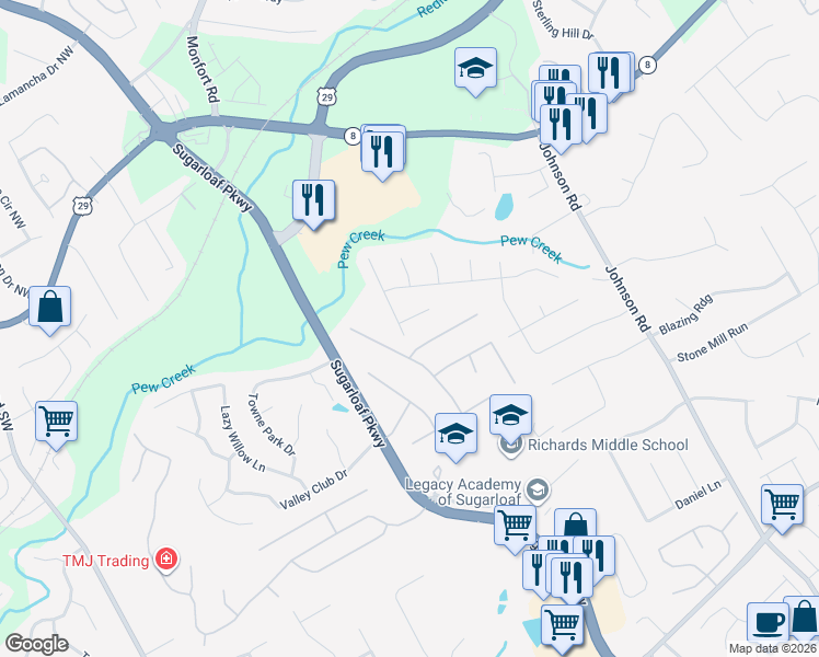 map of restaurants, bars, coffee shops, grocery stores, and more near 1450 Grayland Creek Place in Lawrenceville