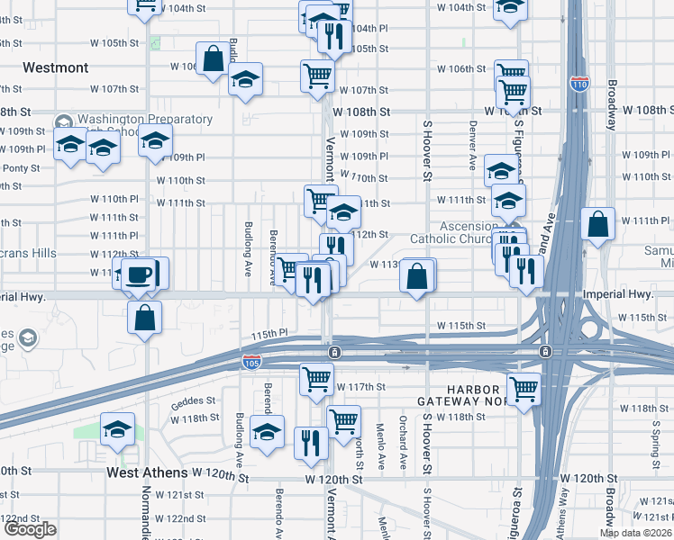 map of restaurants, bars, coffee shops, grocery stores, and more near 11316 South Vermont Avenue in Los Angeles