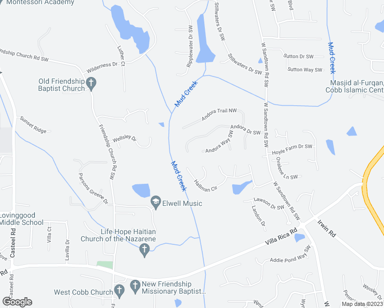 map of restaurants, bars, coffee shops, grocery stores, and more near 3041 Andora Drive Southwest in Marietta