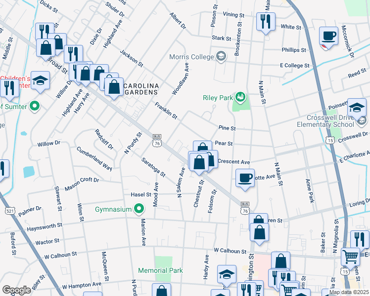 map of restaurants, bars, coffee shops, grocery stores, and more near 227 Broad Street in Sumter
