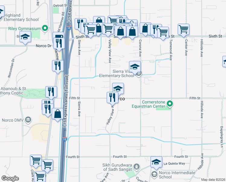 map of restaurants, bars, coffee shops, grocery stores, and more near in Norco