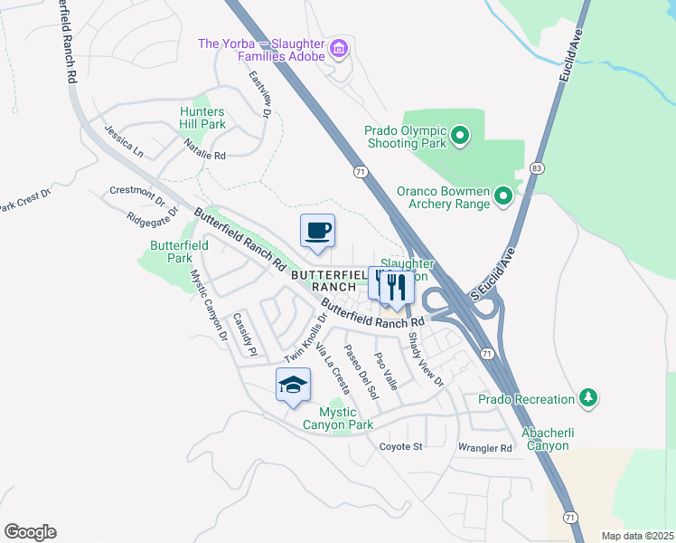 map of restaurants, bars, coffee shops, grocery stores, and more near 6405 Sunny Meadow Lane in Chino Hills