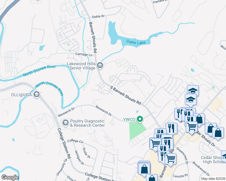 map of restaurants, bars, coffee shops, grocery stores, and more near 1190 South Barnett Shoals Road in Athens